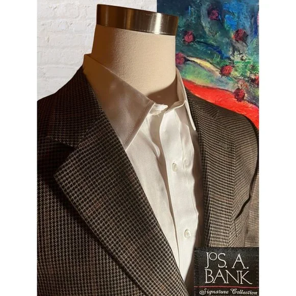 Jos A Bank 46R Signature Houndstooth Blazer Coat Jacket Silk Camelhair - Picture 4 of 14